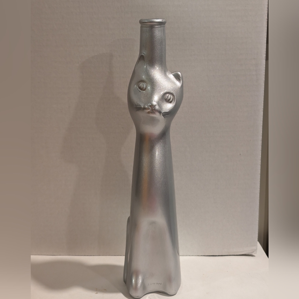 Silver Figural Happy Cat Empty Wine Bottle German Riesling..